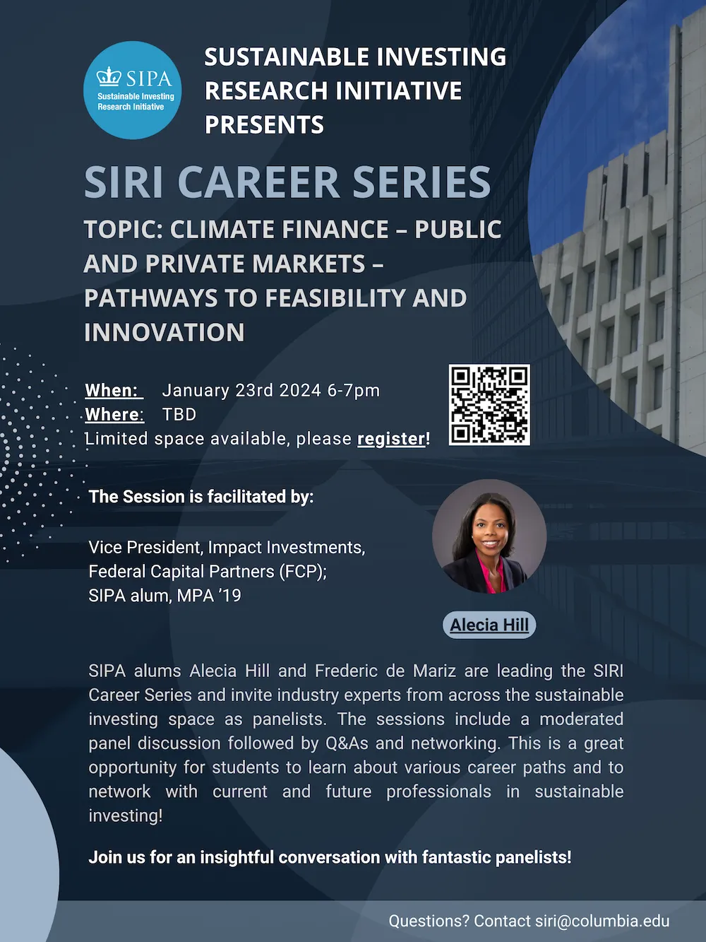 SIRI Career Series - Climate Finance – Public and Private Markets – Pathways to Feasibility and Innovation